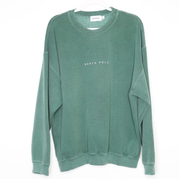 Topman Mens Crewneck Sweater Medium Green Teal North‎ Pole Christmas Neutral - Picture 1 of 10